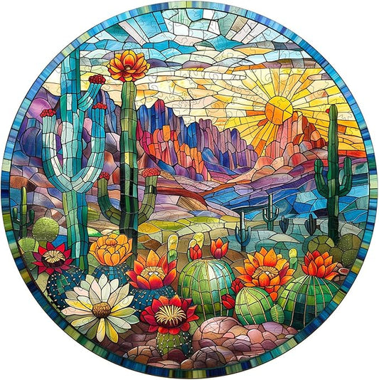 Jigfoxy Wooden Puzzles for Adults, Stained Glass Cactus Wood Puzzles Adult, Unique Animal Shape Wooden Jigsaw Puzzles for Adults, Birthday Gifts for Puzzle Lovers, Family (S-8.5 * 8.5in-100pcs)