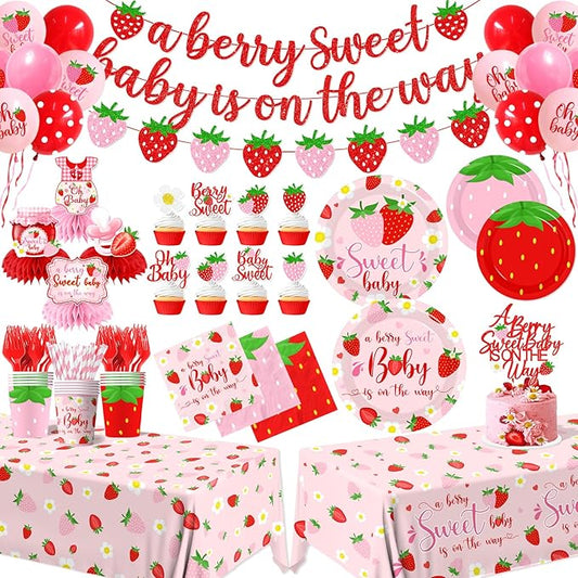 Strawberry Baby Shower Decorations for Girls, 190Pcs A Berry Sweet Baby is on the Way Party Supplies with Plates, Napkins, Cups, Banner, Tablecloth, Balloons, Cake Toppers, Honeycombs Serve 24