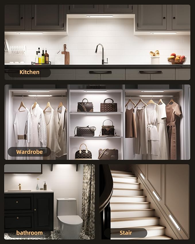 EZVALO Under Cabinet Lights, LED Closet Lights Wireless USB Charging, Motion Sensor Lighting Indoor 5700K dimmable with Remote Control (White) 3 Pack