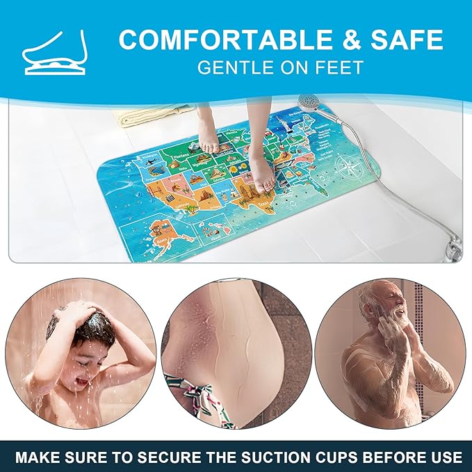 XIYUNTE Baby Bath Mat for Tub Non Slip Kids Bath Mat - 40''x16'' Extra Long Map Bath Tub Mat Non Slip, Eco-Friendly Toddler Bath Mats with Suction Cups for Secure Grip, Easy to Clean & Easy Drying