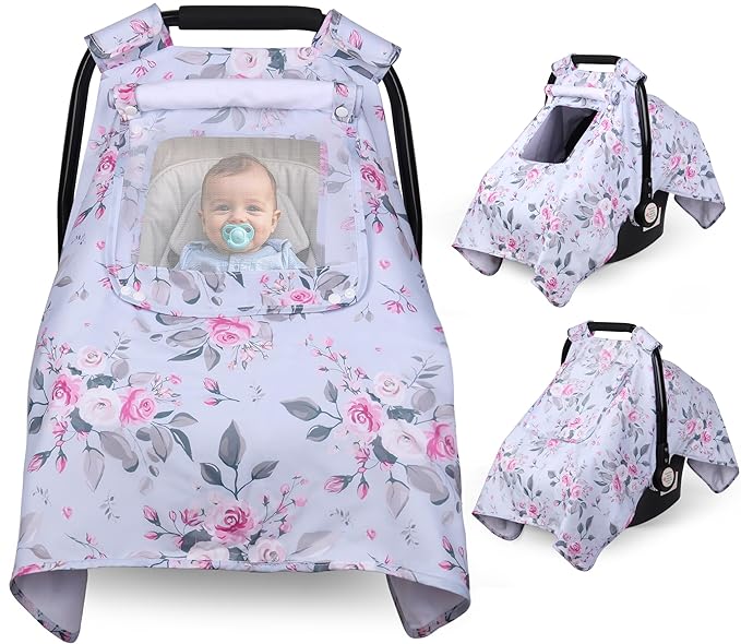 Car Seat Cover Baby, Carseat Covers Baby with 2 Layers Breathable Windows, Windproof Infant Car Seat Cover, Kick-Proof Baby Carrier Cover for Baby Girl Newborn Essentials