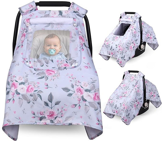 Car Seat Cover Baby, Carseat Covers Baby with 2 Layers Breathable Windows, Windproof Infant Car Seat Cover, Kick-Proof Baby Carrier Cover for Baby Girl Newborn Essentials