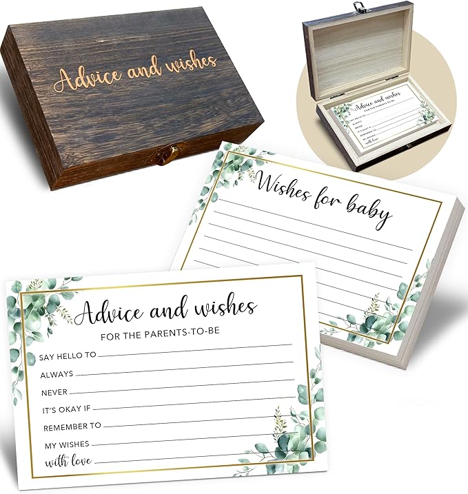 Baby Shower Advice and Wishes Cards for The Parents To Be, 50Pcs Advice Cards With Box for Baby Shower Games Party Decorations, Wishes for New Parents Mommy & Daddy(Greenery) -A03