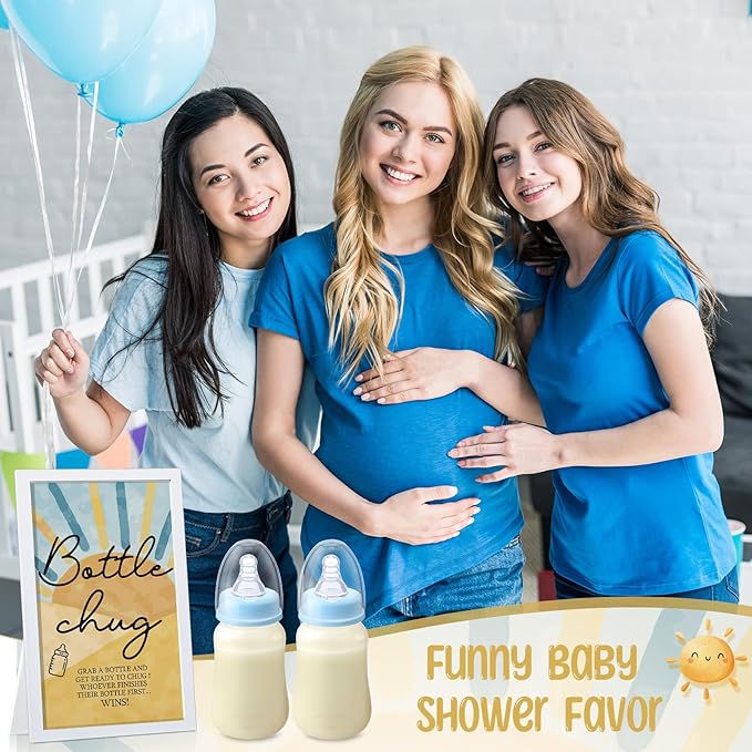 Roowest Bottle Chug Baby Shower Game Favors Including Blue Son Theme Wooden Sign and 18 Pcs Baby Bottles for Gender Reveal Party Supplies