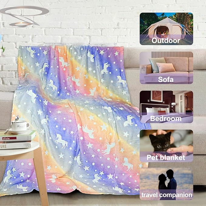 Unicorn Glow in The Dark Blankets for Kids, Soft Fleece Blankets for Girls/Toddler, Unicorns Gifts for Girls Age 3-12 40"x 60"