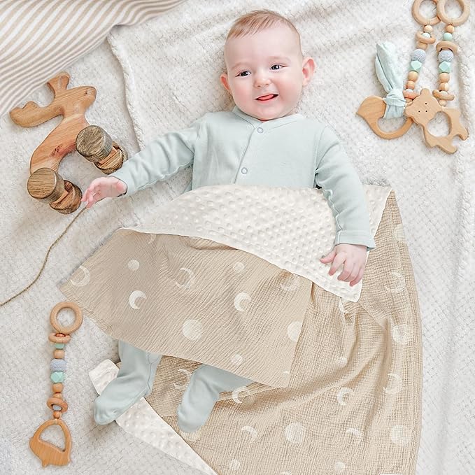 Bearmoss Baby Blankets for Unisex Boys Girls, Soft Nursery Crib Blankets with Muslin Cotton Front and Dotted Fleece Back for Newborns Toddlers 30x40inch (Desert Crescent)