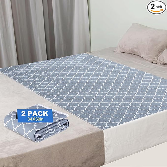 OUTCREATOR® Saddle Style Bed Pad with Tuck-in Sides, 34" x 39" Pack of 2 Reusable Incontinence Underpad, Absorbent Waterproof Quilted Tuckable Mattress Protector for Adults, Elderly, Kids, Pets (Gray)