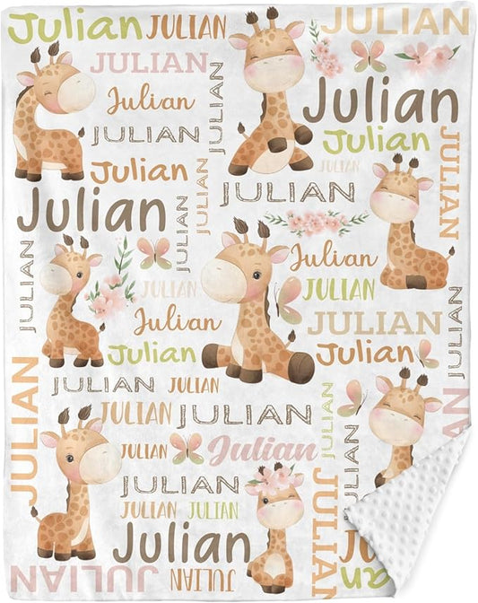 Personalized Baby Blanket for Girls Boys Giraffe Custom Baby Blankets with Name Dotted Backing Customized Gifts for New Mom Customize Baby Blanket for Kids Newborn Birthday
