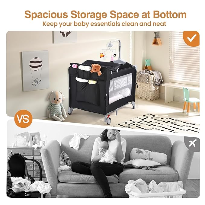 JOYMOR Pack and Play with Changing Table, 5-in-1 Portable Baby Bedside Bassinet with Storage, Travel Crib with Carry Bag, Compact Fold (Black)