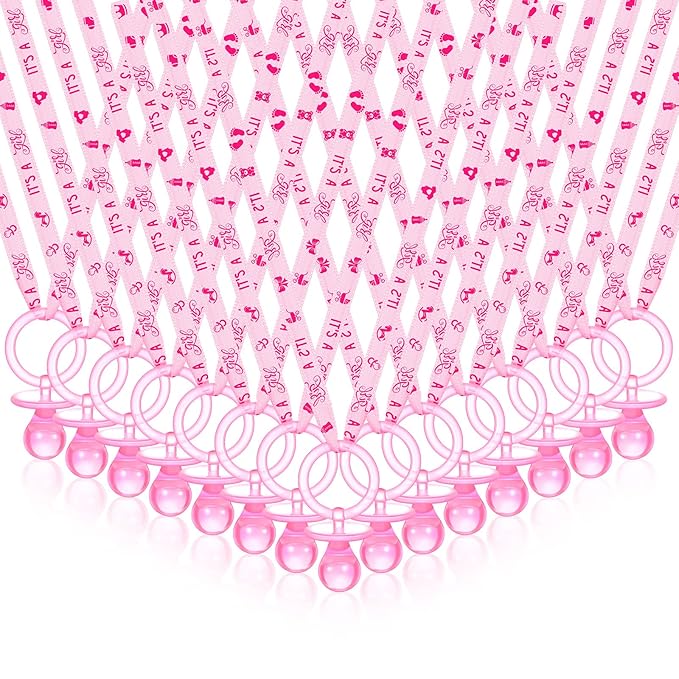 Chengu 100 Pcs Baby Shower Pacifiers Necklace, Acrylic Pacifiers Necklace Party Favors for Girls Boys Baby Shower Party Decorations Table Scatter(Pink)