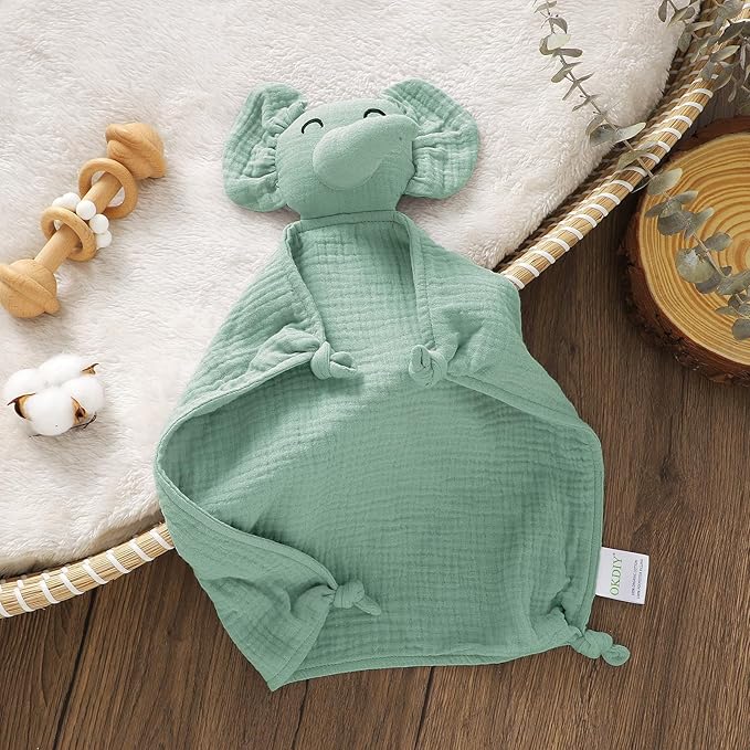Organic Elephant Lovey for Babies - Muslin Security Blanket, Soft Snuggle Animal for Newborn - Gift for Boys and Girls (Green)