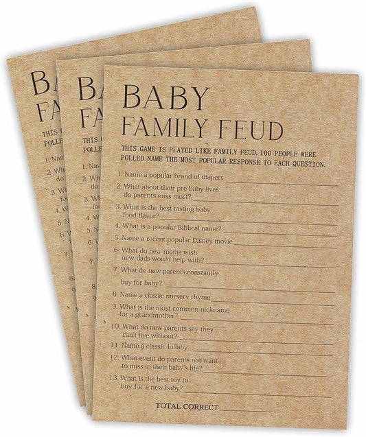 Baby Shower Game Card - Set Of 30 Kraft Paper Double Print - Baby Family Feud With 1 Answer Card For Baby Boy Girl, Baby Announcements, Gender Reveal Games, Party Favors And Supplies - B09