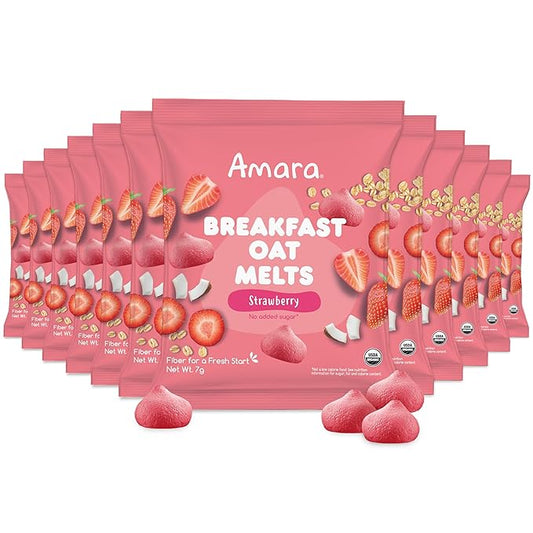 Amara Breakfast Oat Melts - Organic Toddler Snack - Single Serve Fiber-Packed Oat Bites with Real Fruit, No Added Sugar, Quick Dissolving, Strawberry - 12 Pack