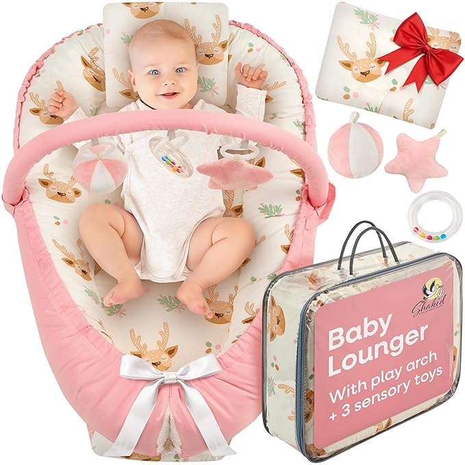 Portable Baby Lounger for Newborn w/Removable Arch & 3 Toys - Infant Lounger w/ 38% More Protection - Comfort, Breathable and Soft Floor Dock a Tot for Home and Travel | 0-24 (Pink)