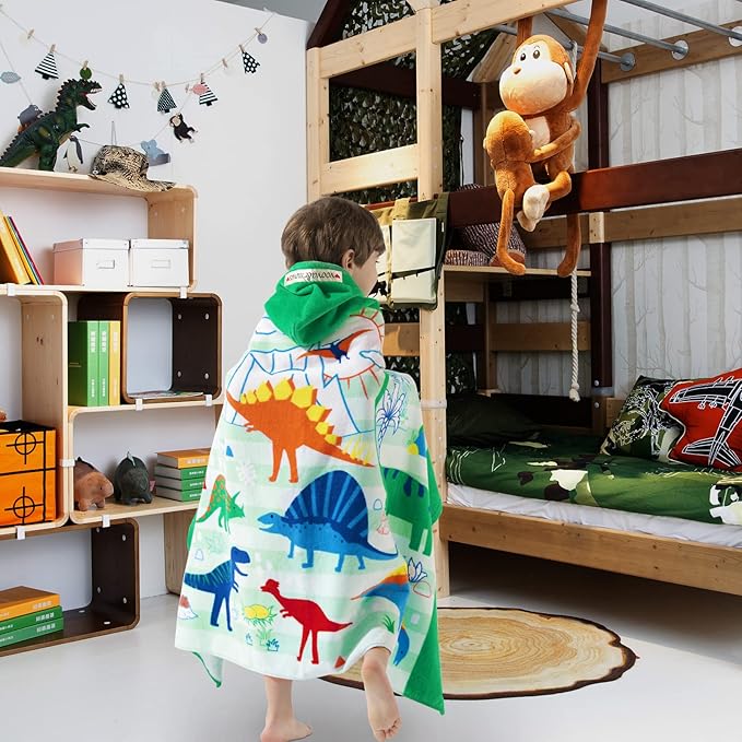 VOOVA & MOVAS Toddler Towels Age 3-10, 30''X50'',100% Cotton | Thick | Absorbent, Beach | Pool | Bath | Bathroom | Swim Towel | Wearable Wrap for Boys, Dinosaur | Dino
