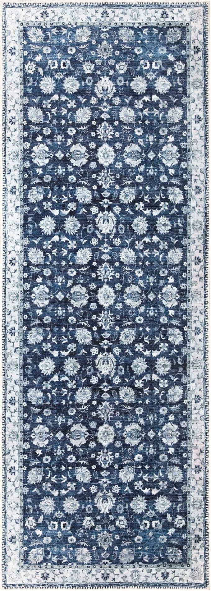 Bloom Rugs Washable Non-Slip 7 ft Runner - Dark Blue Traditional Bordered Runner for Entryway, Hallway, Bathroom, and Kitchen - Exact Size: 2.5' x 7'