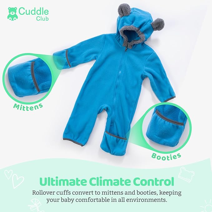 Cuddle Club Fleece Baby Bunting Bodysuit with Hood, Convertible Mittens & Booties, Car Seat Friendly, Soft & Warm, Easy Zip