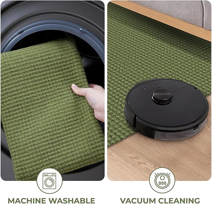 KOZYFLY Washable Area Rug 5x7 ft Rubber Backed Non Slip Rugs for Living Room Braided Cotton Bedroom Rug Woven Office Rugs Indoor Floor Carpets for Dining Bedroom Living Room, Olive Green/Earthy Green