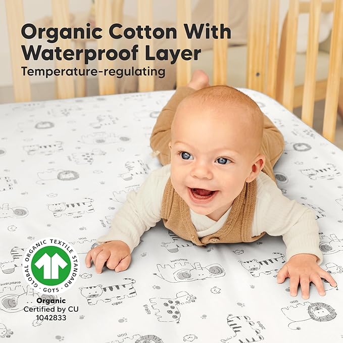 2-Pack Waterproof Crib Sheets for Boy, Girl - Organic Cotton 52X28 Fitted Crib Sheets Neutral,Crib Mattress Protector Sheets,Soft Toddler Bed Sheets,Washable Infant Fitted Baby Crib Sheets(KeaSafari)