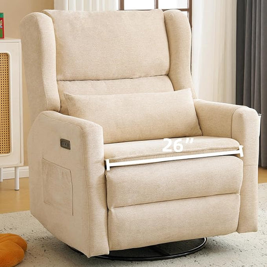 Oversized Swivel Rocker Recliner Chair, 26" Extra Wide Glider Nursery Chair with Adjustable Headrest, Chenille Power Recliner Rocking with Double Cushion, Cup Holder, Beige