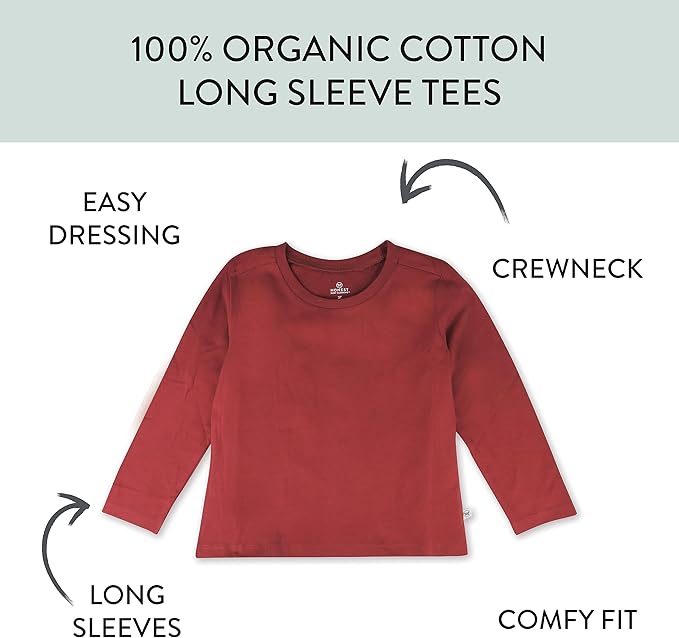 HonestBaby 5-Pack Long Sleeve T Shirts 100% Organic Cotton for Toddler, Little Kids Boys, Girls