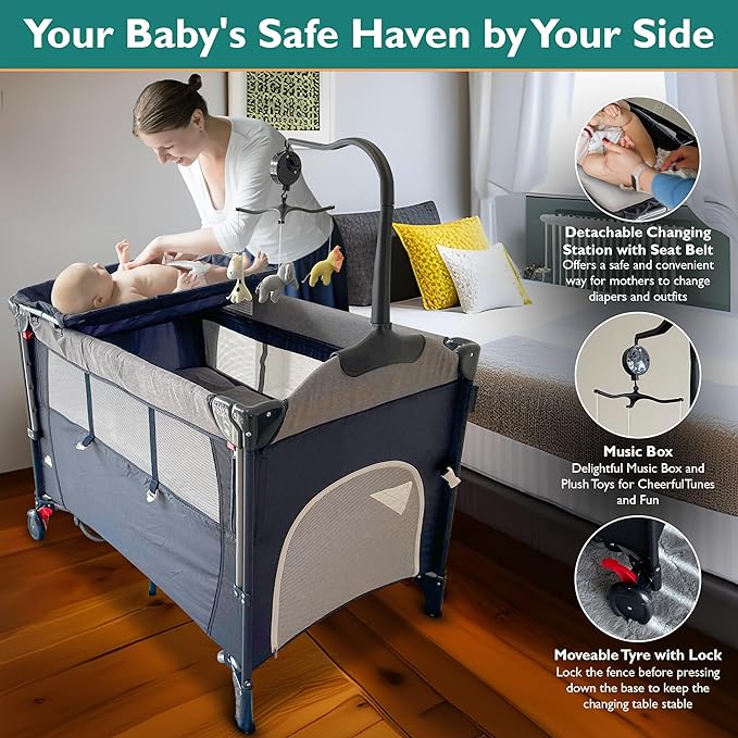 5 in 1 Baby Bassinet - Portable Crib, Bedside Sleeper, Diaper Changer, Playard & Travel Pack and Play Newborn to Toddler Carry Bag + Safety Strap Included