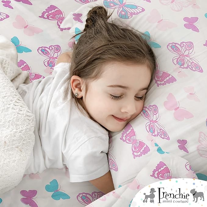 2-Piece Kids Twin Sheets Set, 100% Woven Cotton, Deep Pocket Bed Sheet 39 x 75 x 15in + Pillowcase 20 x 30, Butterfly (White)