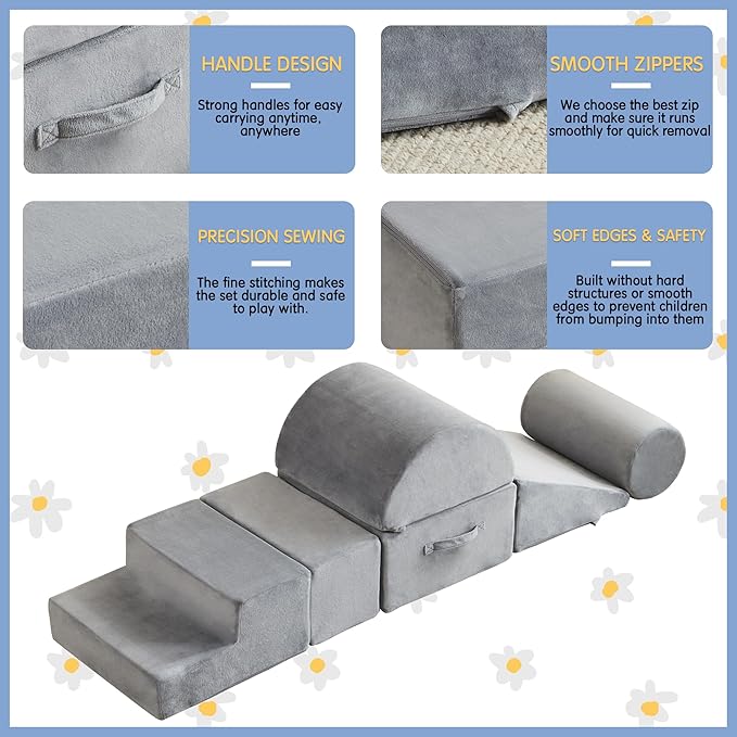 jela Kids Foam Climbing Blocks 6Pcs Soft Play Equipment Soft Velvet, Toddler Climbing Toys Indoor Soft Play Climbing for Toddlers, Lightweight Climbing Blocks for Babies, Climb and Crawl Foam Playset