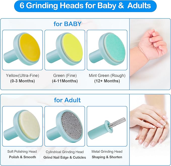 OTTOLIVES Baby Nail Trimmer Electric Newborn Toddler, Safe Baby Nail Clippers Set with Light and 6 Replacement Heads, Baby Nail File Trim Polish Toes Fingernails Care Infant Essentials (Blue)