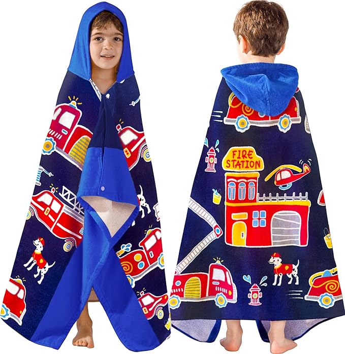 VOOVA & MOVAS Kids Bath Towels Age 3-10, 30''X50, Soft | Thick | 100% Cotton, Beach | Pool | Bath | Swim Towels | Cover Up for Boys, Blue Fire Truck Theme