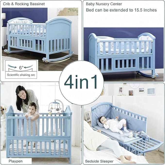 Portable Mini Baby Crib 4 in 1 with Memory Foam Mattress(38" by24) Included, Cunas para Bebes Convertible Crib with Foldable Storage Baby Playpen Bassinet Bedside Sleeper Bed (Silver Grey)