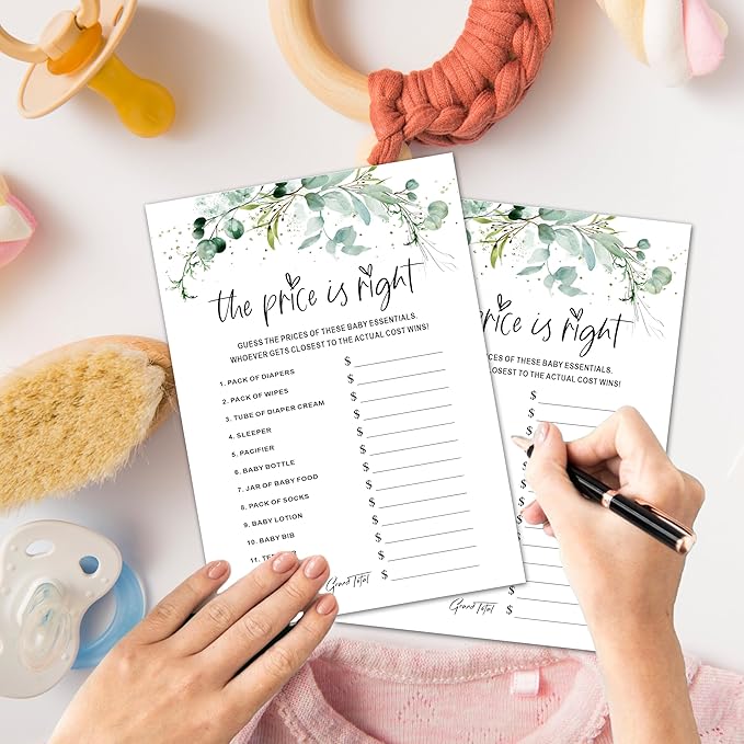 Baby Shower Game Cards - Set of 30 The Price Is Right Game - Greenery Double Sided Print Baby Announcement Gender Reveal Game Card For Parents To Be - Baby Shower Party Activities Supplies - A12