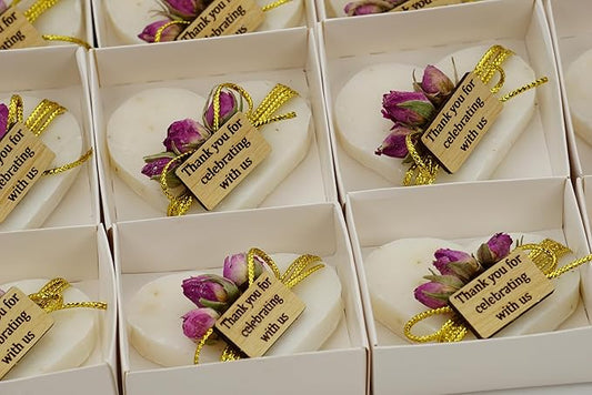 Heart Shaped Soaps 12-Pack, Handmade Scented Mini Soaps for Bridal Shower Party Favors, Wedding, Baby Shower, Thanks You for Celebrating with Us Wooden Tag, White Box