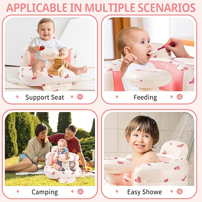 Inflatable Baby Seat for Babies 3-36 Months, Baby Chair with Tray & Built in Air Pump, Blow Up Floor Baby Seat with Back Support, Baby Chair Sit Me Up for Home, Travel (Bunny with Tray)