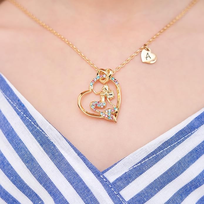 K-Acc 14K Gold-Plated Mermaid Initial Heart Necklace - Gifts for Girls