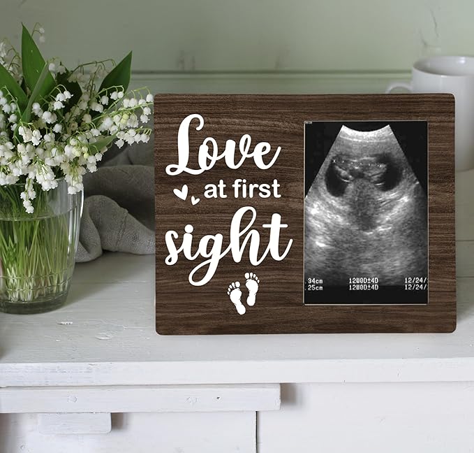 Love at First Sight Picture Frame, Ultrasound Photo Frame Gifts for Expecting Mom, Dad, Baby Sonogram Wodden Frame, 4x6 inch Photo