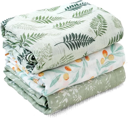 Muslin Swaddle Blankets for Baby Boys and Girls,3 Pack Breathable Soft Receiving Blanket,Large 43.3X 43.3 inches,Newborn Essentials Must Haves (Leaves)
