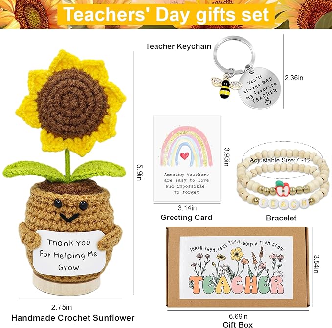 Lamyba Teacher Appreciation Gifts for Women,Handmade Positive Sunflower Crochet Doll, Inspirational Card, Keychains, Bracelet & Gift Box, Christmas/Valentines Day/Thank You Gifts for Teacher