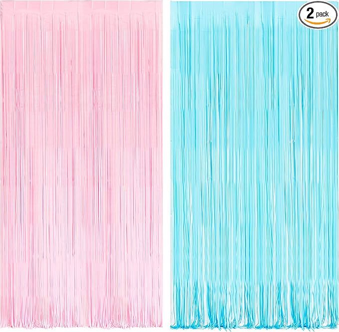 BRAVESHINE Tinsel Photo Backdrop Curtains - 2 Pack 3.2x8.2ft Pastel Pink Blue Foil Fringe Streamer Curtain for Boy or Girl Birthdays Sweet Donuts Easter Party Decorations