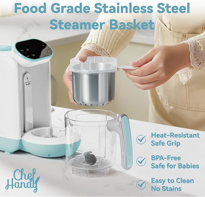 Chefhandy 5-in-1 Baby Food Maker with Steam Basket & Touch Screen | Baby Food Processor and Steamer | Auto Steam, Blend, Milk Warmer | Baby Steamer & Blender for Healthy Homemade(White Blue)