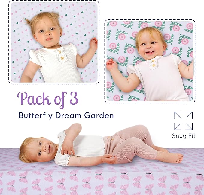 GROW WILD Crib Sheets 3 Pack - Soft & Stretchy Jersey Cotton Fitted Baby Crib Sheets for Girls, Cute Toddler Bed Sheets for Baby Girl (Hearts & Flowers)
