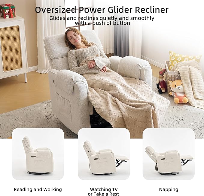 Oversized Power Recliner Chair, 26" Extra Wide Swivel Rocker Recliner with Adjustable Headrest, Chenille Glider Rocking Nursery Chair with Overstuffed Armrest, USB Ports, White