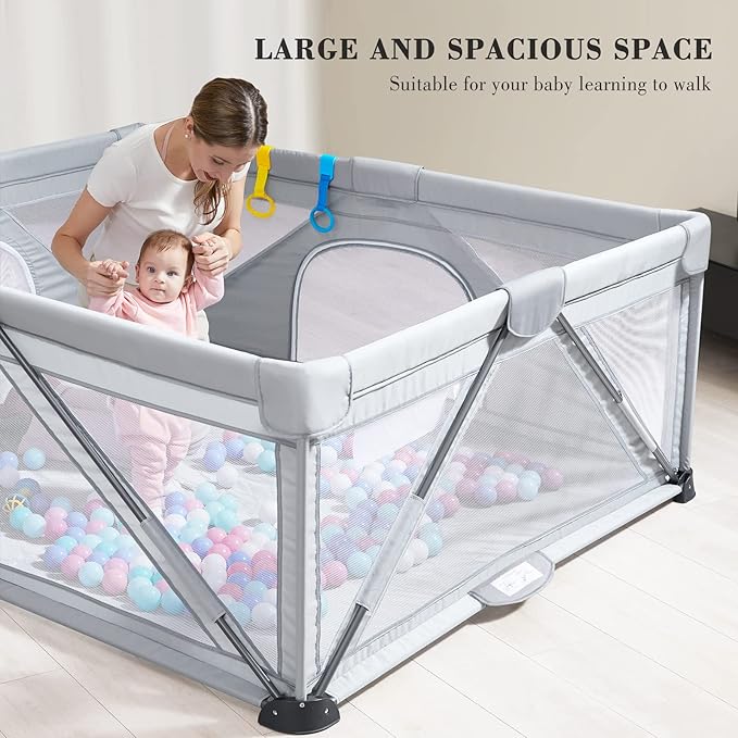 ANGELBLISS Baby Playpen, Foldable Playpen for Babies and Toddlers, Indoor & Outdoor Baby Activity Center with Visible Breathable Mesh, Portable Play Yard with 2 Handlers+50 Balls (Grey, 71 * 71)