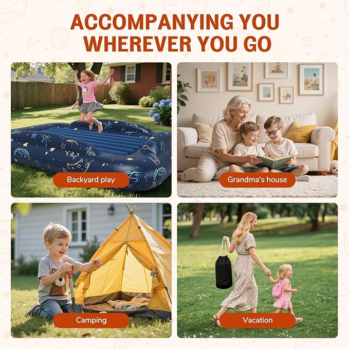 Inflatable Toddler Travel Bed Portable Camping Air Mattress with Electric Bumpers Blow Up Toddler Bed with Safe Sides Kids Travel Essentials Set for Vacation Home Outdoor-Starry Sky Blue