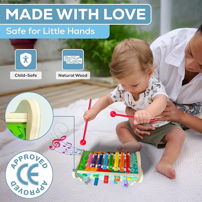 Montessori Wooden Hammering Toy – 6-in-1 Xylophone, Pound Bench, Shape Sorter & Learning Tool for Toddlers | Educational Musical Toy for Boys & Girls Ages 1–5 | Develops Motor Skills & Sensory Play