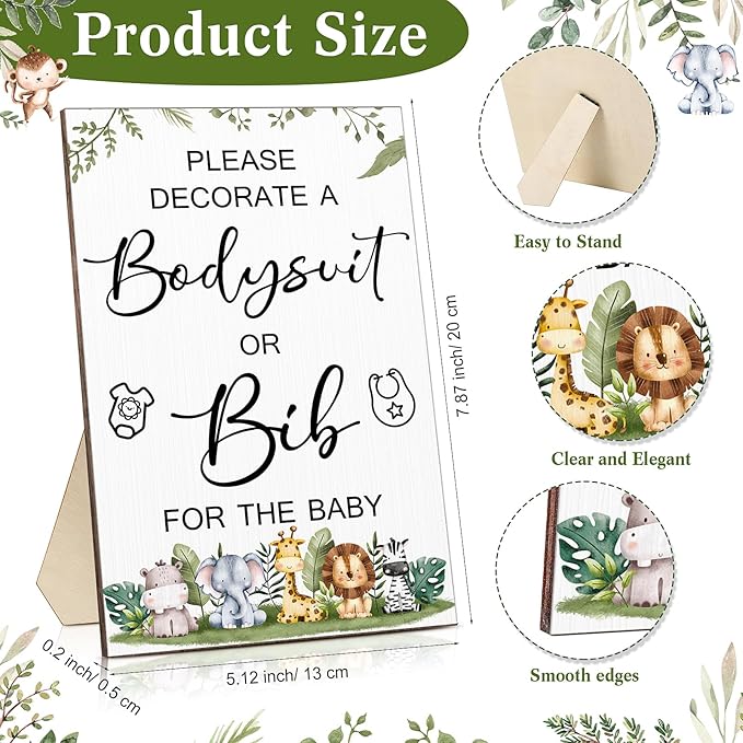Roowest 35 Pcs Baby Shower Bibs Games Design Wooden Baby Shower Party Game Sign DIY Bodysuit Sign 15 White Blank Feeder Bibs 9 Newborn Bodysuit 10 Markers for Boys Girls(Jungle)