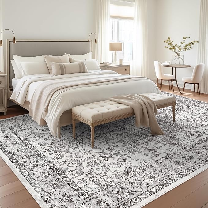 zesthome 8x10 Area Rugs for Living Room,Non-Slip Backing Washable Rugs,Vintage Large Area Rug，Stain Resistant Home Decor Rug (Grey/White,8'x10')
