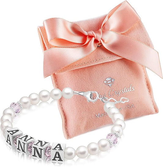 Personalized Baby Gifts, Mommy and Me Matching Birthstone Bracelet, Sterling Silver Alphabet Beads with your Name, White Pearl Bracelets for Girls, Birthstone Jewelry Baptism Gifts for a Birthday Girl