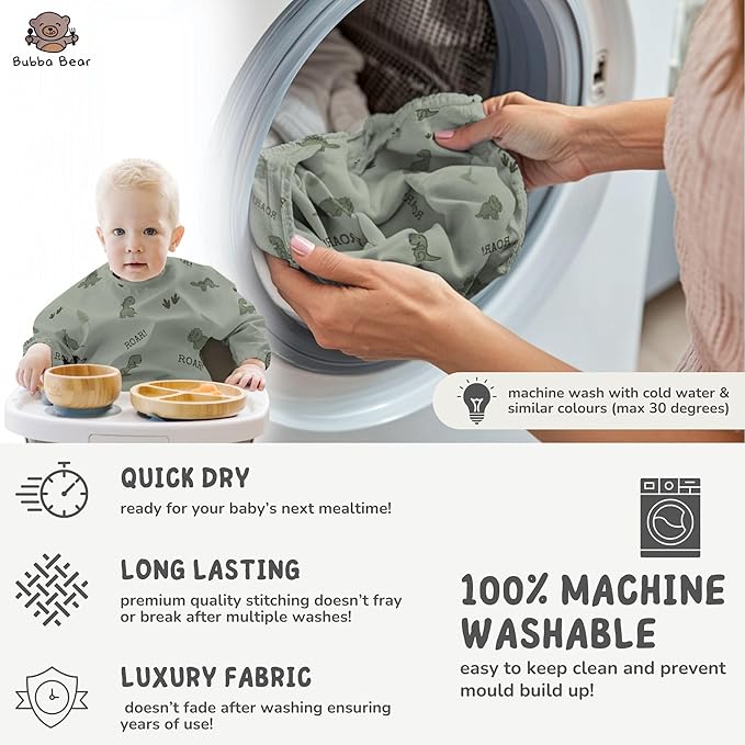 Bubba Bear Baby Bib with Sleeves, Long Sleeve Toddler Feeding Apron Bibs for Eating & Lead Weaning, Mess Proof Full Sleeved