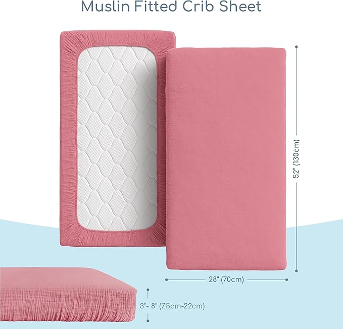 Muslin Crib Sheets, 100% Organic Cotton, Breathable and Ultra-Soft, Standard Crib Sheet Mattress (28"x 52") for Girls and Boys, Neutral Fitted Baby Crib Sheet (Pale Rose)